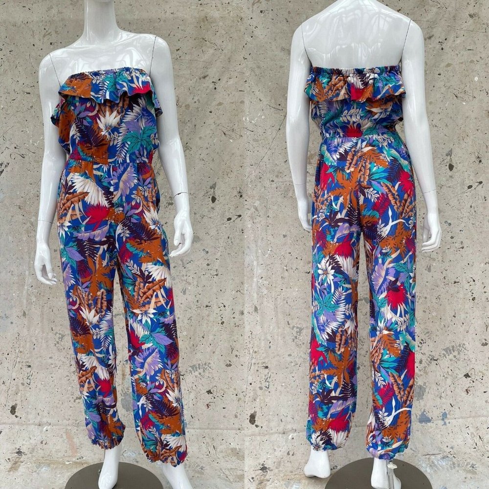 Vintage Early 80’s Tropical Print Jumpsuit Rayon Ruffled Strapless Top, Small
